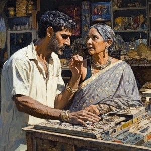 Van gogh art style, a well-built, sweating man meticulously choo...