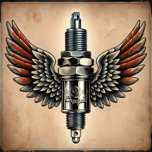 Sparkplug with wings in an old school tattoo style