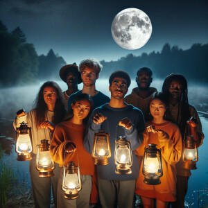 A group of young researchers with lanterns stand near the lake i...