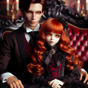 Lilith as a girl with elegant gothic lolita dress sit on the lap...