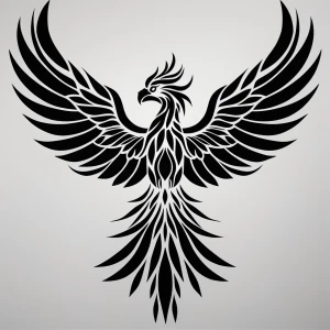 Create a minimalistic, black and white line art of a Phoenix wit...