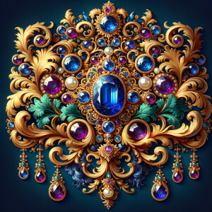 "Design an exquisite, baroque-style ornament composed of ornate gold scrollwork and flourishing acanthus leaves. Central to this design is a grand, oval-cut sapphire, surrounded by an intricate halo of smaller gemstones, including amethysts, emeralds, and pearls. Dangling elegantly from the central motif are various jeweled pendants and teardrop pearls, creating a sense of movement and opulence. The rich colors are set against a deep blue background, accentuating the gold's warm glow. Below this luxurious arrangement, the name 'KAREN' is displayed in an ornate gold script, reflecting the overall sumptuous aesthetic."