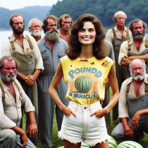 create a film snapshot from 1972 of dozens of dour men standing...