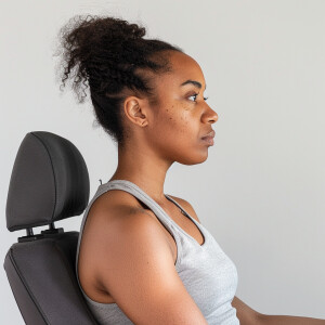 A cute Black woman sitting in a chair

Brown ponytail 

Off guar...