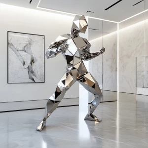 Create an image of a geometric alien creature composed of reflective chrome triangles and illuminated voids, striking a pose within a minimalist white art gallery, designed in the sleek, abstract aesthetic reminiscent of 3Steps' artwork.