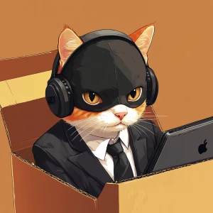 Generate an image of an orange and white cat wearing a black bal...