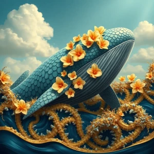Whale textured with orchids and chainmail in golden ocean waves...