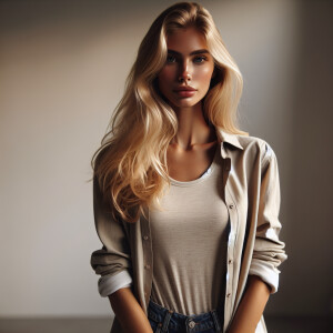 A beautiful blonde woman standing with a shirt