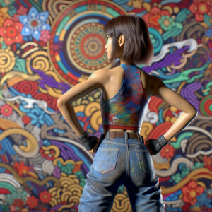 Athletic Thin skinny Attractive, Asian teenage girl, long brown hair and bangs, wearing tight skinny jeans and a halter top paint marks on her clothing, heroic pose Asian graffiti background, backside view