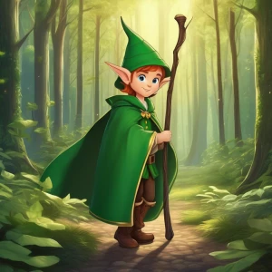 A single elf character standing in a forest clearing, wearing a simple green cloak and holding a wooden staff.