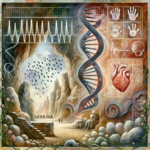 lie detector graphs, cardio, printout , branches infinity sign, cave, Art, handprints, distant birds flying, flowering vines, abstract gestural painting, dna cave drawings galaxies electrical cardiogram