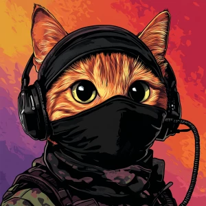 A wide-eyed ginger cat wearing a black tactical balaclava (or ma...