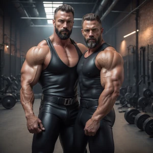 The image features two muscular bodybuilder men posing closely t...