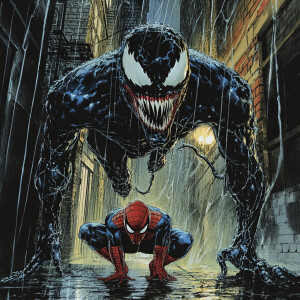 Image an image of Venom above and Spider-Man below scale 3:2. Ve...