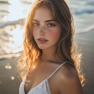 A close-up, mid-body portrait of Dahlia Valentina standing on a...