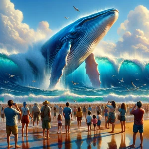 *"A majestic blue whale emerging from the ocean near a crowded b...