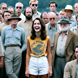 create a film snapshot from 1972 of dozens of dour men standing...