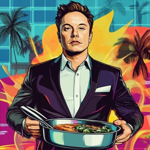 Elon Musk in GTA art style,  cooking, in the style of a Grand Th...