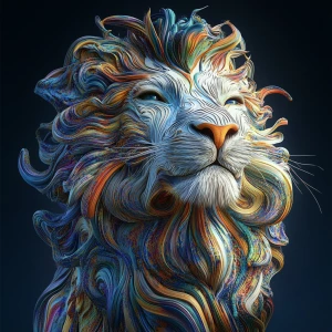 Create a 3D 8K UHD photorealistic image of a lion with an oversized mane exhibiting psychedelic patterns and hallucinogenic visual effects, ensuring extreme attention to detail and realism.