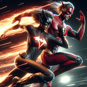 Two heroes flash and batgirl, united in a timeless embrace, defy...