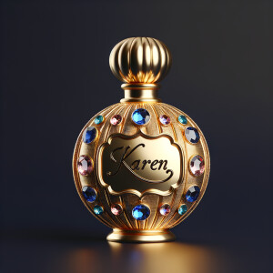 Create a 3-D realistic gold and  blue, colorful jewels perfume bottle
In the shape of a women’s body with the name Karen