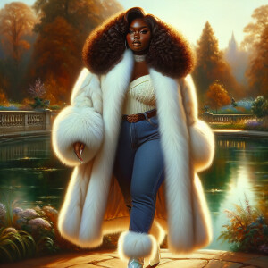 Craft a 4K glossy oil painting portraying a regal, plus-size Afr...