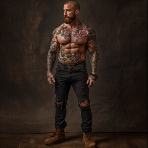 A half top pig bottom half man bodybuilder, tattoos on his chest...