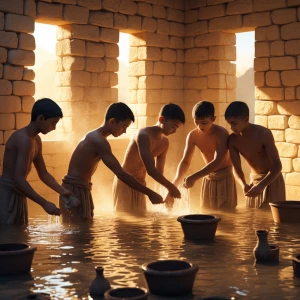 Depict a scene set in 500 B.C. in an ancient Spartan stone bathh...