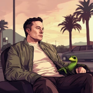 Elon Musk..party with pepe, in GTA San Andreas and carton style