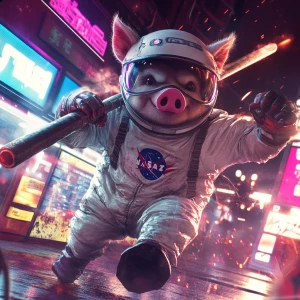 Cute cartoon pig in vintage white spacesuit and helmet (no ears...