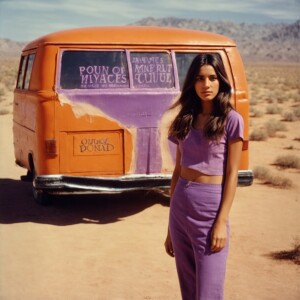 Film photograph from 1971 if an orange van in the desert with th...