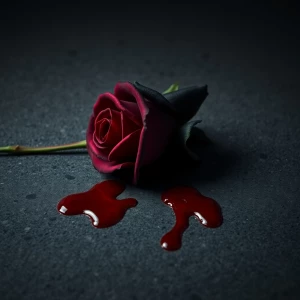 Black rose strewn onto cement and red blood fallen on the rose a...