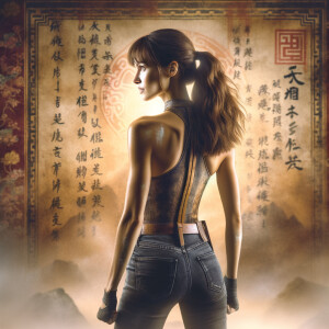 Athletic Thin skinny Attractive, Asian teenage girl, long brown hair and bangs, wearing tight skinny jeans and a halter top paint marks on her clothing, heroic pose Asian graffiti background, backside view