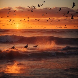 Beautiful sunset on the beach, birds are flying on the horizon.
