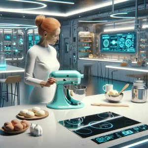 Create a photorealistic sci-fi image of a futuristic kitchen whe...