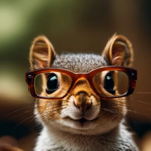 Photorealistic Baby squirrel wearing glasses facing the camera