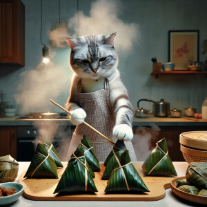A cat chef, wearing a cute apron, is wrapping bamboo leaves in a...