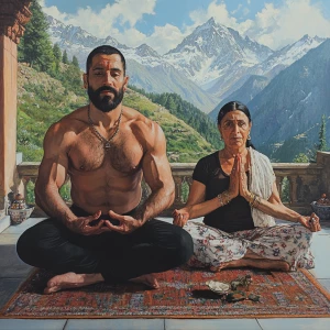 Realistic painting 1:1,A muscular beefy sweaty  man and his 50-y...