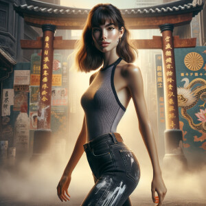 Athletic Thin skinny Attractive, Asian teenage girl, long brown hair and bangs, wearing tight skinny jeans and a halter top paint marks on her clothing, heroic pose Asian graffiti background, backside view