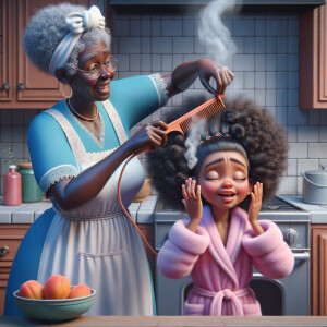 Create a realistic 3-D image of an african-American grandmother wearing a blue house dress and a white apron . She is in the kitchen with her african-American granddaughter. Her granddaughter is wearing a pink bath robe. The grandmother has a hot comb in her hand and she is straightening her granddaughters hair. One side of her granddaughters hair is in  a Afro the other straight 
There is smoke coming from the hot comb
The granddaughter is making a face