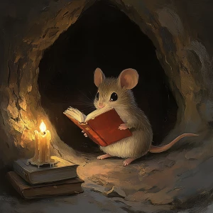 A small mouse, light brown and gray in color, is depicted in a stylized illustration. The mouse is seated in a dark cave-like opening, positioned slightly to the left of center within the frame.  It is holding an open, reddish-orange book, with the mouse's attention directed towards the book.  The mouse's expression is contemplative and focused, with large, dark eyes.  The mouse's body is proportionate and rounded, with visible paws and subtle fur details.  A small, lit candle is visible to the mouse's left, along with stacks of books. The background is dark and shadowed, contrasting with the light from the candle and the mouse's position.  The style is illustrative and painterly, reminiscent of a detailed colored pencil or pastel drawing.  The lighting is soft, highlighting the mouse and the book, creating a warm atmosphere.  The composition is well-balanced, focusing the viewer's attention on the mouse engrossed in reading. The perspective is slightly above the mouse, drawing attention to the scene as if peering into a small cave.  The overall style is quiet and engaging.