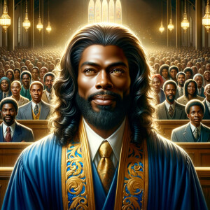 Illustrate an inspiring African-American Jesus crust with a dign...