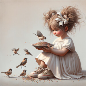 whimsical little American girl with messy hair and ribbons, dres...