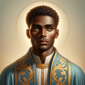 Create a beautiful African-American Jesus Christ with Hazel, brown eyes and blue and gold robe