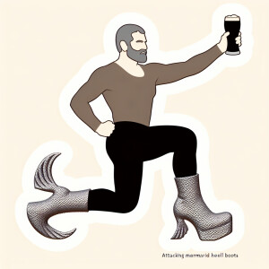 Armenian man with pint Guinness in hand, attack mermaid heel boo...
