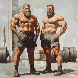 bodybuilder men stand side by side. Both have thick, full beards...