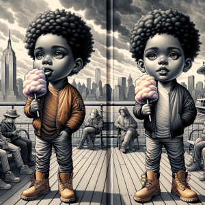 Grisaille Painting: Riding on the ferry landscape. Create a boy...