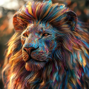 Create a 3D-rendered 8k UHD image of a lion with an extremely detailed, oversized psychedelic mane, incorporating vibrant colors and intricate patterns to emphasize a professional level of detail.