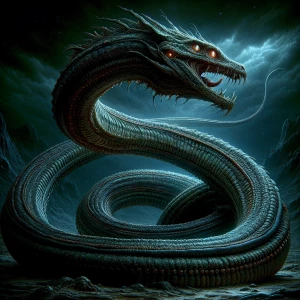 A hauntingly eternal basilisk, trapped in a moment of dread, its snakelike body coiled in a perpetual strike. This eerie figure is depicted in an oil painting, the colors rich and detailed, bringing out every crease and scale of the creature's ancient form. The painting is incredibly lifelike, with a sense of movement frozen in time. The basilisk's eyes gleam with a malevolent intelligence, seeming to follow the viewer no matter where they stand. The artist's skill is undeniable, creating a piece that seems almost alive with dark power.