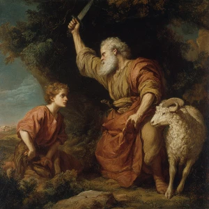 Abraham with a knife raised to a boy with a ram beside him